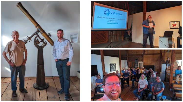 "Michael Mattei and Brian standing next to a historical telescope from the Astronomical Lyceum. (upper right) John Briggs introduces Brian to the crowd at the Warehouse 1-10 Contemporary Art and Performance Space. (lower right) Brian quite enjoyed the rustic environment saying that it reminded him of several places back in his home state of Nebraska."